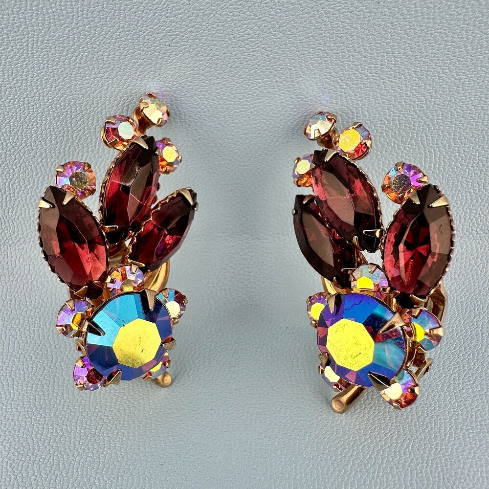 Vintage Rhinestone Earrings Purple Marquise AB Prong Set Gold Tone Clip Ons